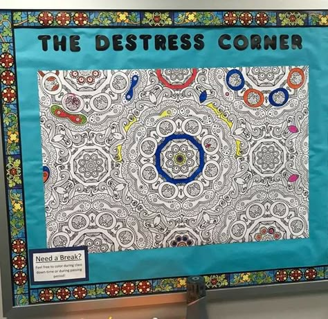 De-stress Corner Middle School Group Counseling, Behavior Specialist Office Decorations, Middle School Counseling Office Decor, Calm Down Corner Middle School, Inspirational Bulletin Boards For School Hallways, Counselor Classroom Decor, Breakroom Decor Ideas, Breakroom Ideas Work, Staff Bulletin Board Ideas