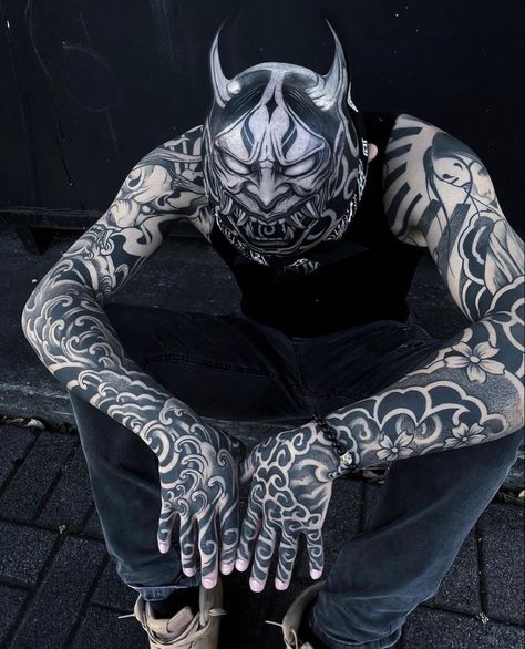 Monthly Aesthetic, Man Tattoos, Japanese Demon Tattoo, Oni Mask Tattoo, Oni Tattoo, Hannya Mask Tattoo, Aesthetic 2023, Blackout Tattoo, Demon Tattoo