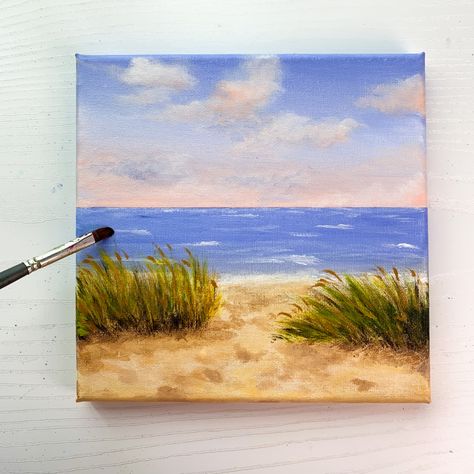 Beginner Beach Painting, Painting Beach Easy, Beach Canvas Painting Ideas, How To Paint Sand, Summer Acrylic Painting Ideas, Painting Ideas On Canvas Beach Theme, Scenery Painting Acrylic Canvases, Beach Oil Paintings On Canvas, Small Canvas Beach Paintings