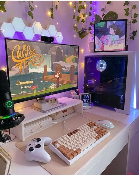 Nintendo Desk Setup, Simple Gaming Setup, Aesthetic Desk Makeover, Desk Makeover Ideas, Aesthetic Room Makeover, Geek Room, Gaming Desk Setup, Cute And Aesthetic, Cozy Desk