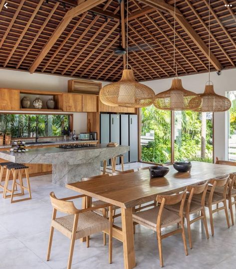 Tropical Kitchen, Tropical House Design, Bamboo House Design, Plants Outdoor, Bamboo House, Beach House Design, Village House Design, Kitchen Inspiration Design, Dream House Interior