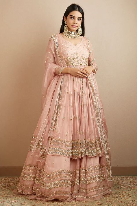 Blush Pink Organza Silk Lehenga Set Design by Astha Narang at Pernia's Pop Up Shop 2022 Anarkali With Lehenga, Pakistani Bridesmaid Dresses, Organza Silk Lehenga, Organza Anarkali, Pakistani Bridesmaids, Astha Narang, Blush Pink Fabric, Bridal Anarkali Suits, Bridal Anarkali