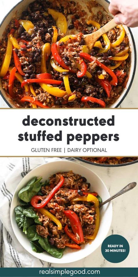 These one-pan deconstructed stuffed peppers are a quick and healthy recipe that's super easy to make. All the flavor of stuffed peppers without all the work. Loaded with goodies like ground beef, rice, diced tomatoes and black beans, you'll love these unstuffed peppers. Easily sub other proteins, veggies, grains and even make it dairy-free. A healthy meal that's gluten-free and easy to make dairy-free. The perfect 30 minute, one pan healthy family dinner. | Real Simple Good via @realsimplegood Dairy Free Stuffed Peppers, Deconstructed Stuffed Peppers, Healthy Family Dinner, Unstuffed Peppers, Ground Beef Rice, Healthy Ground Beef, Beef Rice, Ground Beef Recipes Healthy, Meals Ideas