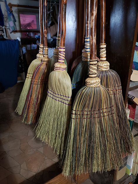 There is nothing quite like getting your hands dirty and enjoying the earth and its creatures purely as they are. Separated from honking horns and quick feet clicking down concrete, natural life lives on as it has for ages. Jeanette Larson and her little family of humans and larger family of livestock are nestled in their little patch of solitude, otherwise known as Havencroft Farm. #brooms #Arkansas #handcrafted #woolrug #shawl #cap #woolfeltball Broom Craft, Corn Crafts, Magic Cabinet, Broom Making, Straw Broom, Handmade Broom, Broom Corn, Whisk Broom, Brooms And Brushes