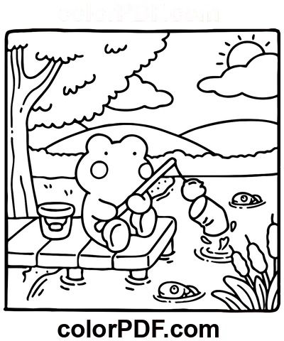 Comfy Days Frog Fishing – Coloring Pages and Books in PDF Frog Fishing, Kid Coloring Pages, Bear Fishing, Frog Coloring Pages, Birthday Coloring Pages, Kid Coloring Page, Bobbie Goods, Make A Snowman, Funny Pigs