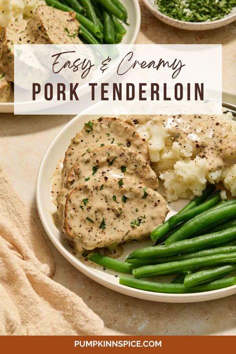 Creamy Pork Tenderloin Pork Tenderloin And Gravy Recipes, Pork Tenderloin Cream Sauce, Sauce For Pork Tenderloin Simple, Creamy Pork Tenderloin Recipes, Pork Tenderloin Soup, Pork Tenderloin Sauce, Creamy Pork Tenderloin, Easy Pork Recipe, Pork Chop Casserole Recipes