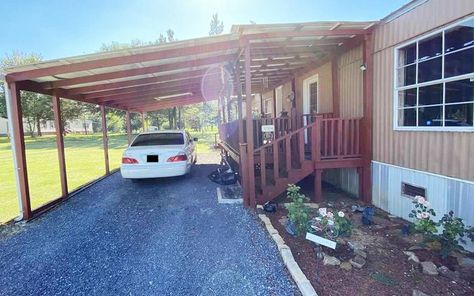 Deck Carport Combo, Mobile Home Carport Ideas Double Wide, Porch For Mobile Home, Home Carport Ideas, Mobile Home Outdoor Ideas, Mobile Home Patio Ideas, Mobile Home Decks And Porches, Mobile Home Carport, Mobile Home Carport Ideas