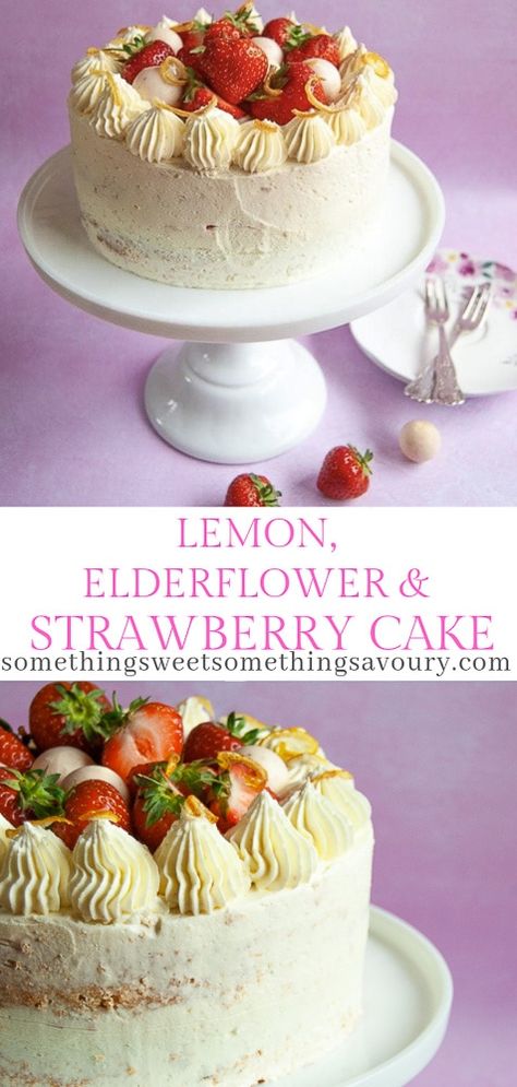 Two layers of fluffy vanilla and lemon sponge, filled with sliced strawberries and a light and zesty lemon and elderflower cordial buttercream. This lemon, elderflower and strawberry cake is perfect for a Summer afternoon tea! #lemonandelderflowercake  #strawberrycake #summercakes #easycelebrationcakes Lemon And Elderflower Cake Recipe, Lemon Strawberry Cake, Lemon Sponge, Vegan Wedding Cake, Summer Cakes, Strawberry Cake, Köstliche Desserts, Savoury Cake, Something Sweet