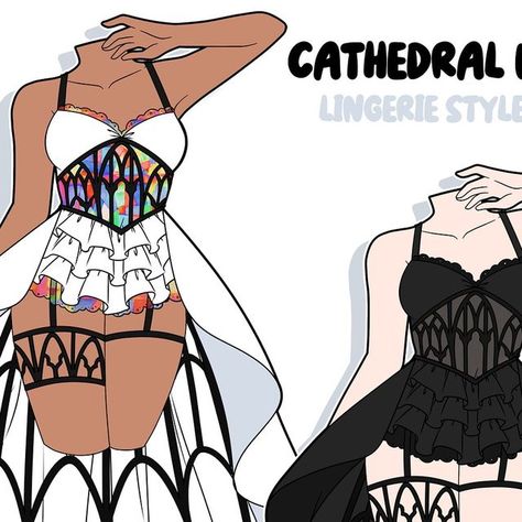 NYAHALLO 🐈‍⬛ on Instagram: "Cathedral window dresses ✨ You guys really liked the goth version when I shared the WIP in my stories and requested for a stained glass version so I finished both!!! This was kind of hard to draw OTL. Not sure how realistic it is to make this dress in person as a sample, if I make it I’ll probably have to revise it a bit, but if there’s interest I’ll definitely try 💪  #gothfashion  #indiedesigner  #altfashion  #alternativefashion  #fashiondesigner  #smallbusiness  #smallbusinessupport  #originaldesigner  #originalartist" Stained Glass Corset, Glass Corset, Cathedral Window, Cathedral Windows, Alt Fashion, Indie Design, Lingerie Fashion, Goth Fashion, Original Artists