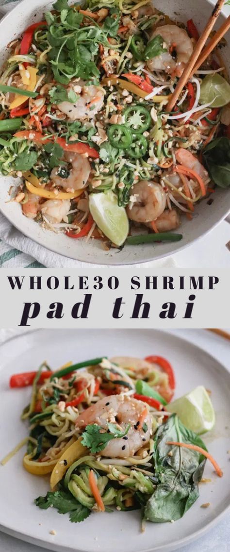 Whole 30 Pescatarian Recipes, Whole 30 Recipes Pescatarian, Paleo Shrimp Pasta, Whole30 Pad Thai, Paleo Pad Thai Recipe, Whole 30 Shrimp, Healthy Shrimp Pad Thai, Pescatarian Diet For Beginners, Paleo Shrimp Stir Fry