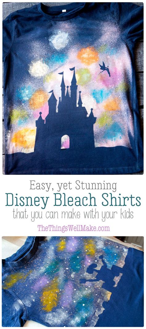 How to make a quick and easy galaxy Wall-E t-shirt, a fun bleach spray shirt that's embellished with fabric paints to make a simple yet stunning design. #walle #bleach #tshirt Disney Bleached Shirts Diy, Disney Tie Dye, Decorating T Shirts Ideas Diy, Diy Disney Tshirt, Disney Diy Outfits Ideas, Iron On Disney Shirts Diy, Mickey Bleach Shirts, Easy Diy Disney Shirts, Disney Bleached Shirts