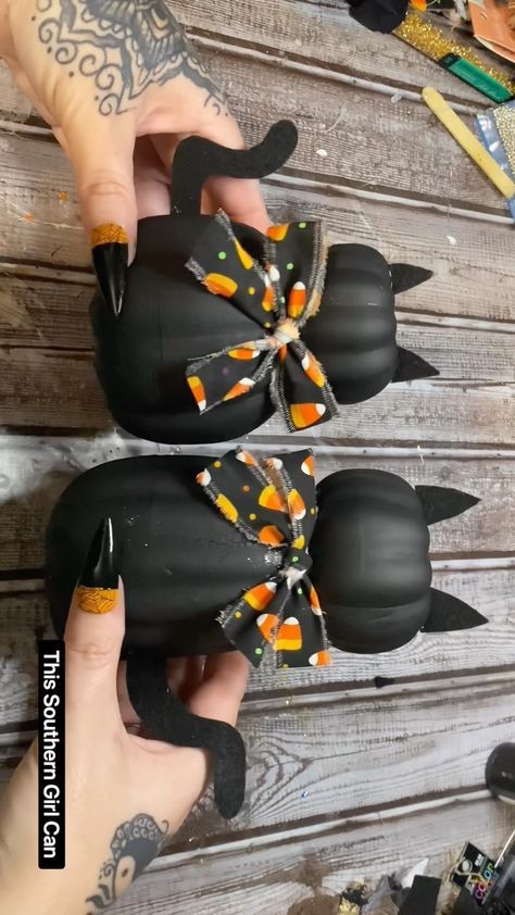 Black cat pumpkins! #halloweennails #halloweendecor #halloweendiy #halloweencrafts #wreathmaking #wreathmaker #dollartreehalloween… | Instagram Diy Black Cat Decorations, Black Cat Diy Decor, Halloween Cat Wreath Diy, Diy Halloween Cat Decorations, Halloween Wire Wreath, Hoween Decorations Diy, Black Cat Halloween Decorations Diy, Diy Black Cat Decor, Halloween Diy Crafts For Adults