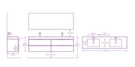 Modern Wall Mounted Double Bathroom Vanity Dimensions & Drawings | Dimensions.com Bathroom Vanity Dimensions, Double Bathroom Vanities, Antique Bathroom Decor, Vanity Height, Sink Drawing, Vanity Dimensions, Double Sink Cabinet, Beach House Bathrooms, Architect Data