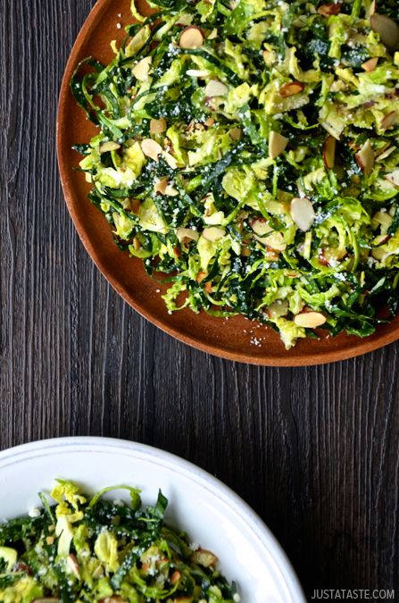 Shredded Kale and Brussels Sprout Salad with Lemon Dressing Salad With Lemon Dressing, Celebration Recipes, Brussels Sprout Salad, Thanksgiving Salad, Green Salads, Yummy Bites, Sprout Salad, Salad With Lemon, Thanksgiving Friendsgiving