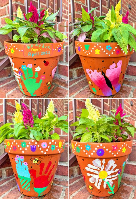 Handprint and footprint flower pot ideas! Hand Print Flower Pot Mothers Day, Flower Pot Grandma Gift, Kid Flower Pot Craft, Handprint Plant Pot, Baby Flower Pot Crafts, Flower Pot Hand Print Craft, Clay Pots For Mother's Day, Mother’s Day Terracotta Pot Ideas, Flower Birthday Gift Ideas