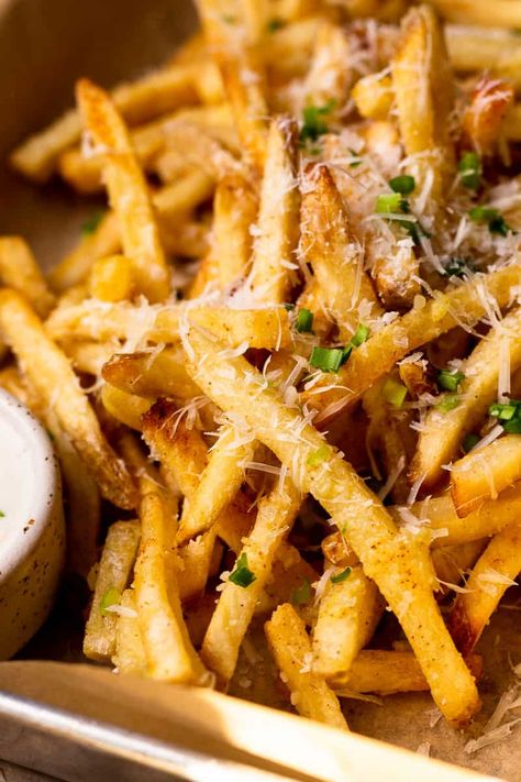 Garlic Parmesan Air Fryer Frozen French Fries - Modern Farmhouse Eats Air Fryer Frozen French Fries, Garlic Butter French Fries, Garlic Parmesan French Fries Air Fryer, Airfryer Frozen French Fries, Frozen French Fries In Air Fryer, Parmasean French Fries, Air Fryer Frozen French Fries Crispy, Rosemary Parmesan Fries, Garlic French Fries