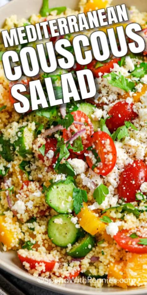 This easy couscous salad recipe is ready in 20 mins, even faster if using leftover couscous! With the addition of fresh, chopped vegetables and homemade tangy dressing this salad will be on your menu all year long! #spendwithpennies #couscoussalad #easysaladrecipe #couscousrecipe #simpelsummersalad #coldcouscoussalad #pastasalad Salad Couscous Recipes, Mediterranean Recipes Couscous, Couscous Quinoa Salad, Greek Salad Couscous, Mediterranean Cous Cous Salad Recipes, Salad Recipes Couscous, Cous Cous Salad Recipes Easy, Best Couscous Salad, Recipes Using Leftover Couscous