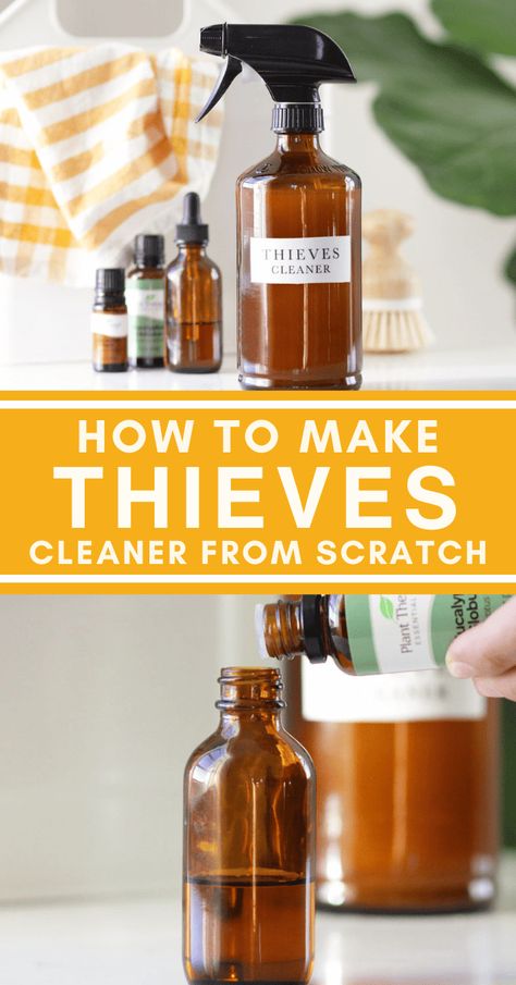 This thieves cleaner recipe uses castile soap and several essential oils to make your own natural multi-purpose cleaning spray from scratch.rnrnYou don't need to buy thieves oil to make this spray. You can make your own homemade essential oil blend using rosemary, eucalyptus, clove, orange and cinnamon oils that works just as well as the pricier, premade thieves concentrate. Theives Oil All Purpose Cleaner Diy, Diy Thieves Cleaner, Essential Oil Cleaning Spray, Thieves Cleaner Recipe, Diy Thieves, Using Rosemary, Diy Detergent, Diy Cleaner, Orange And Cinnamon