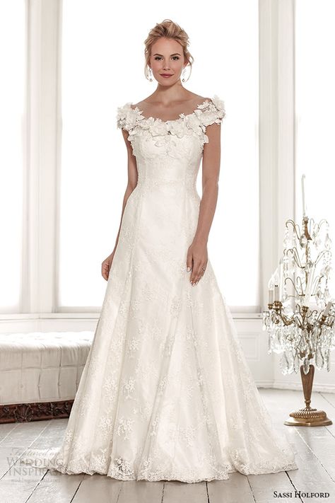 Weddinginspirasi.com featuring - sassi holford wedding dress 2015 bridal signature collection flora off the shoulder neckline a line style christelle front -- Sassi Holford 2015 Wedding Dresses  #wedding #weddings #bridal #weddingdress #weddingdresses #bride #fashion #ballgown #black #capsleeves #collar #color #column #cowl #illusion #illusionneckline #illusionsleeves #keyhole #label:SassiHolford #london #longsleeves #sequin #sequins #sheath #shirt #shortsleeves #sleeveless #sleeves #straps #uk Keyhole Back Wedding Dress, Sassi Holford, Wedding Dresses Taffeta, Empire Wedding Dress, 2015 Wedding, Aline Wedding Dress, Wedding Dresses 2014, Dress Gallery, 2015 Wedding Dresses