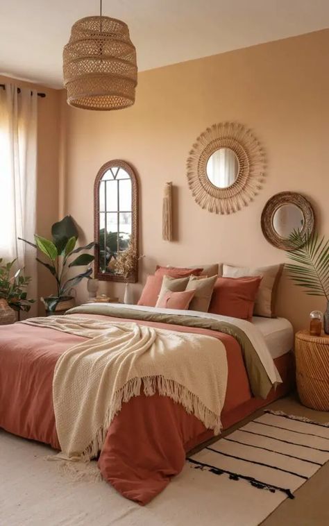 35 Cozy Boho Bedroom Decor Ideas to Elevate Your Space Boho Bedroom Macrame, New Mexico Style Bedroom, Brown Boho Bedroom, Boho Apartment Bedroom, Boho Guest Bedroom Ideas, Warm Cozy Room Aesthetic, Rust Bedroom Ideas, Boho Cozy Bedroom, Mexican Room Aesthetic