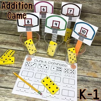 Addition Math Center Game {DUNK IT DOMINOES} Great game for math centers for Kindergarten and first grade students to practice basic addition and build math fact fluency. #addition #math #centers Reggio Math, Kinder Math Centers, Thanksgiving Math Centers, Math Centers For Kindergarten, Addition Math Centers, Christmas Math Centers, Halloween Math Centers, Preschool Math Centers, Centers For Kindergarten