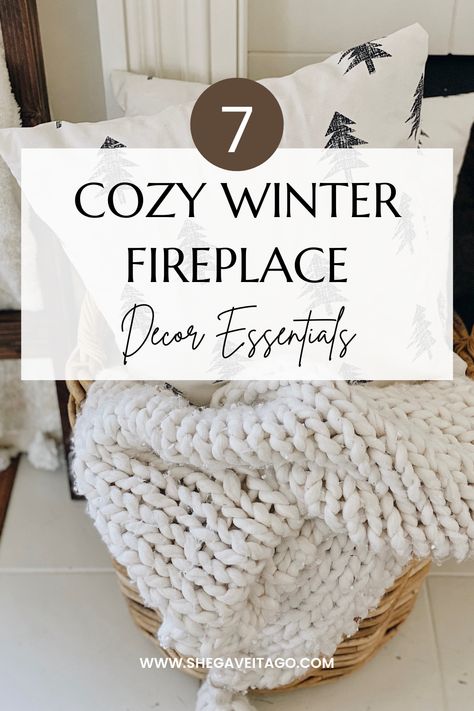 Cozy Winter Fireplace Decor Essentials by top AL home blogger, She Gave It A Go Fireplace Decor With Pillows, Winter Hearth Decor, Fireplace Basket Decor Ideas, Hygge Fireplace Decor, Winter Shelf Decor Living Rooms, Rustic Winter Decor Living Room, Winter Mantle Decor Rustic, Winter Pillows Living Rooms, Winter Fireplace Mantle Decor