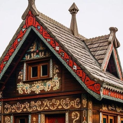 Ben Myhre on Instagram: "Rosemaling Cabins 🏡🌲🌿✨️ . . . . Conjured blending Midjourney AI, Photoshop and Topaz 🧙‍♂️🪄 . . .  #midjourney  #midjourneyart  #midjourneyai #ai #rosemaling #home #darkstyle #rustic #cabin #cabininthewoods #norse #nordic #witchyvibes #witchy #darkromance #aigenerated #forest #forestlovers #home #ai #aiart #tinyliving #naturelovers #tinyhouse #house #witchaesthetic #woods #norway #housegoals #tinyhome #harrypotterworld #homedesign" Nordic Architecture Modern, Swiss Chalet Exterior, Slavic House, Norse Architecture, Russian Cottage, Norway Architecture, Slavic Architecture, Russian Home, Swedish Cabin