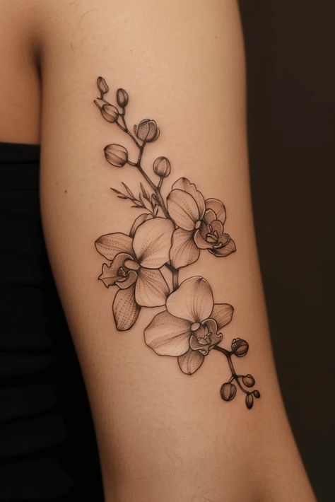 Stunning Fine Line Orchid Tattoo Ideas for Floral Elegance Simple Floral Hip Tattoo, Elegant Tree Tattoo, Elbow Lotus Tattoo, Black And Grey Orchid Tattoo, Colombian Orchid Tattoo, Flower Tattoo Tricep, Orchid Arm Tattoos For Women, Orchid Side Tattoo Ribs, Tattoo Ideas Orchid