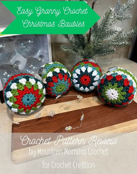 Easy Granny Crochet Christmas Baubles - Pattern Review - Cre8tion Crochet Granny Baubles Pattern, Granny Christmas Baubles, Crochet Round Christmas Ornaments, Free Crochet Christmas Ball Ornaments Pattern, Crochet Bauble Pattern, Crochet Bauble Ornament, Granny Square Ornament Pattern, Christmas Balls Crochet, Crochet Baubles Christmas