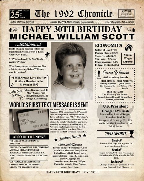 Personalized 1992 30th Birthday Back in 1992 30th Birthday | Etsy Back In 1993 Birthday, Back In 1992 Poster, Husband 30th Birthday, Back In 1992, Birthday Newspaper, Sir Mix A Lot, Newspaper Poster, History Of Television, 30th Birthday Funny