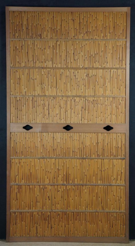 Japan sliding door panels bamboo Fusuma 1970s Wabisabi interior architecture. Vintage Japanese sliding  door panel bamboo and wood Fusuma, hand made in good conditions from old Japanese home, nice details nice Hikite handles,  light wear from usage, immediately usable. (several available on request) Period: 1970s. Dimensions: 175 x 92 x 3 cm, total weight 3.550 Kg + wrapping Conditions:  good, light wear marks from usage and time, please see detailed photos. Materials: bamboo, wood Japanese Bathrooms, Japanese Sliding Doors, Bamboo Door, Wooden Vanity Unit, Plywood Diy, Sliding Door Panels, Bamboo Ceiling, Japanese Bedroom, Architecture Vintage