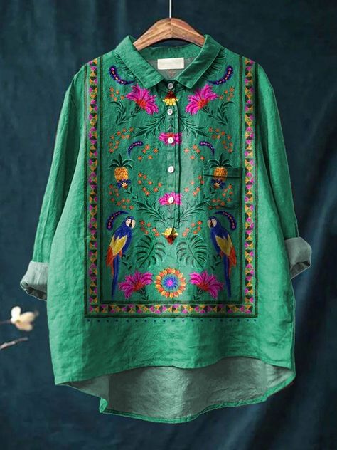 Embroidery On Green Fabric, Embroidery On Shirts, Floral Motifs Design, Long Length Blouse, Drawing Fabric, Casual Bridal Dress, Indian Dress Up, Linen Style Fashion, Stylish Kurtis Design