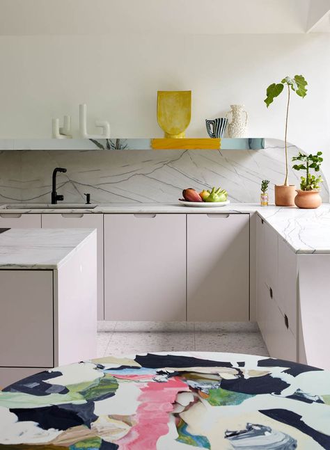 Pink Kitchen Cabinets, Pink Cabinets, Old Victorian House, Victorian Townhouse, Condo Kitchen, Eclectic Modern, White Marble Countertops, Geometric Tiles, Black And White Marble