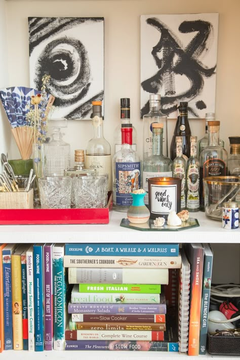 A Designer's Romantic & Worldly NYC Apartment Bar Bookshelf, Martha Stewart Entertaining, Beverage Bars, West Village Apartment, Wine Course, Bookshelf Styling, Best Boats, New York Apartment, Workspace Design