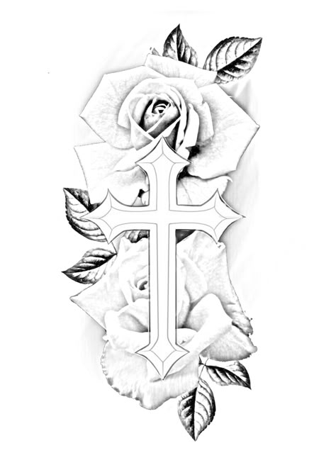 Gio Tattoo, Cross With Roses, Crucifix Tattoo, Cross Drawing, Quarter Sleeve Tattoos, Rose Flower Tattoos, Rose Drawing Tattoo, Rose Stencil, Cross Tattoo For Men