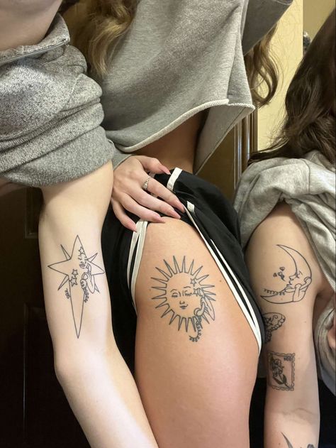 2 Souls Tattoo, Sun And Moon Fairy Tattoo, Sun Moon Stars Tattoo Ideas, Star Sun Moon Matching Tattoos, Opposites Matching Tattoos, Mother Daughter Moon Tattoos, Sun Moon Star Tattoo Friends, Sun Fairy Tattoo, Three Person Matching Tattoos