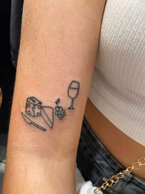 Cheese platter tattoo, mini tattoo, fineline tattoo Cheese Wedge Tattoo, Food Lover Tattoo, Charcuterie Board Tattoo, Wine And Cheese Tattoo, Charcuterie Tattoo, Cheese Tattoo Ideas, Dinner Tattoo, Picnic Tattoo, Toast Tattoo