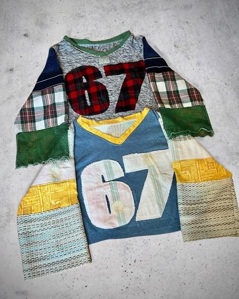 New Upcycled Jerseys coming 🔜 AND to make them even better, they have matching pants 👀 Jersey Upcycle, Vintage Reworked Clothing, Patchwork Aesthetic, Upcycle Fashion Diy, Sewing Upcycled Clothing, Reworked Fashion, Reworked Clothing, Shirt Tutorial, Patchwork Clothes