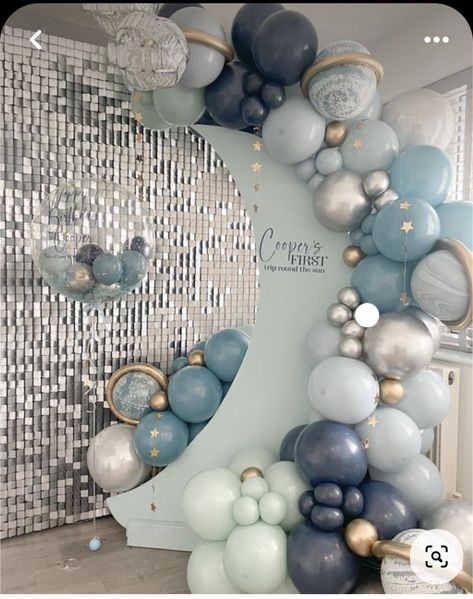 First Birthday Ballons Decoration Ideas, One Year Around The Moon Birthday, Two The Moon Balloons, Space Cake First Birthday, Space Birthday Backdrop, Over The Moon Balloon Garland, Two The Moon Balloon Garland, First Trip Around The Sun Pictures, Moon And Sun Party