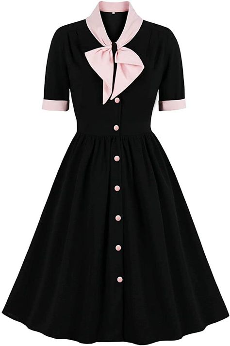 Amazon.com: Vintage Women 1940s Bow Tie Neck Dress Retro 40s 50s Button Up Business Work A-line Cocktail Dresses : Clothing, Shoes & Jewelry Short Sleeve Prom Dresses, A Line Cocktail Dress, Tie Neck Dress, Button Down Shirt Dress, Retro Mode, Rockabilly Dress, Vintage Short, Vestidos Vintage, Prom Dresses With Sleeves