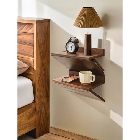 Ebern Designs Bisma Floating Nightstand 2 Piece Set, Z-Shape Walnut Wood Floating Bedside Tables for Bedroom | Wayfair Hanging Bedside Table, Floating Bedside Tables, Floating Bedside Shelf, Mounted Nightstand, Wall Mounted Bedside Table, Floating Nightstands, Floating Bedside Table, Bedside Shelf, Nightstand Set