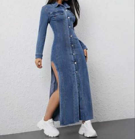 Jeans Gown, Denim Dress Style, Denim Dress Outfit, Long Denim Dress, 80s Fashion Trends, Outfits Con Jeans, African Print Tops, Moda Denim, Womens Denim Dress