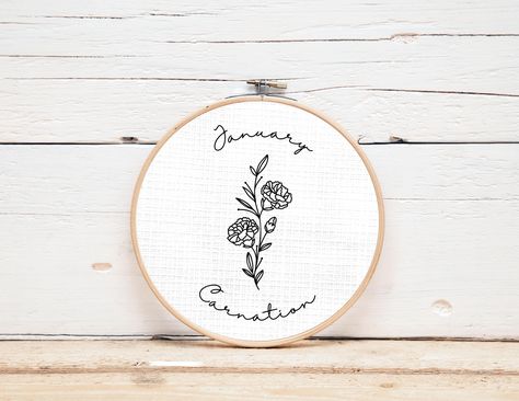 Birth Flower Embroidery, Carnation Embroidery, Carnation Birth Flower, January Carnation, Flower Embroidery Pattern, January Birth Flower, Minimalist Line Drawing, January Birth Flowers, Floral Line Art