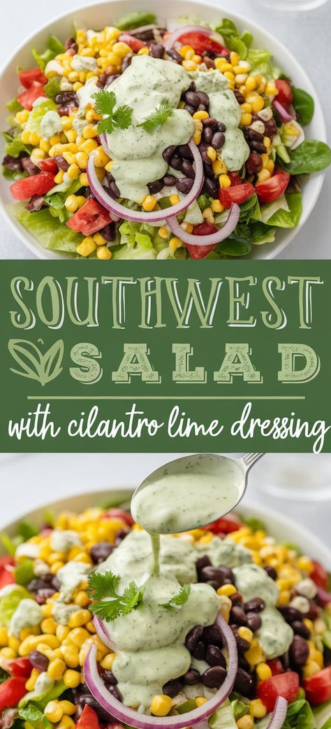 This Southwest Salad with Cilantro Lime Dressing is a burst of bold flavors! Fresh greens, crunchy veggies, black beans, and a tangy, creamy dressing make it perfect for a healthy lunch or dinner. Healthy Southwest Salad Dressing, Best Mexican Salad Recipes, Healthy Southwest Salad, Salad To Go With Chili, Salad Recipes Southwest, Southwest Salad Recipes, Southwest Salads, Southwest Salad Dressing, Spicy Southwest Salad