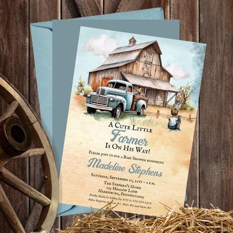 $1.98 | A Cute Little Farmer Barn | Truck Boy Baby Shower - fall spring summer baby sprinkle, holidayheartsdesigns, outdoors country themed baby shower, blue and tan, old vintage blue pickup truck, boy and his kitty cat, vintage truck and barn, boy farming baby shower invitation, rustic wood barn farming, a little farmer baby shower Farmer Baby, Baby Boy Sprinkle, Boy Shower Invitations, Blue Truck, Farm Theme, Blue Baby Shower, Boy Baby Shower, Rustic Invitations, Baby Shower Fall