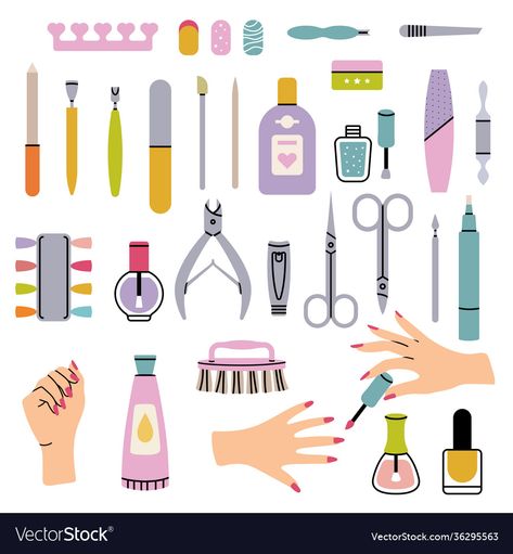 Nail Care Tools And Equipment Drawing, Nail Care Tools And Equipment, Short Nails At Home, Nail Illustration, Nail Items, Press On Business, Cute Nails Summer, Nails Paper, Nail Tech Supplies