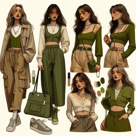 Olive And Yellow Outfit, Stylish Outfits Green, Jewelry Sales Associate Outfit, Green Nature Outfit, Olive And Brown Outfit, Bold Outfit Ideas, Outfits For Tan Skin, Brown And Olive Green Outfit, Outfit Ideas For Broad Shoulders