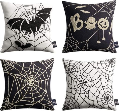 Phantoscope Set of 4 Halloween Decorative Black and Beige Spider Web Throw Pillow Case Cushion Cover 18 x 18 inch 45 x 45 cm Spider Net, Cheap Throw Pillows, Black And White Spider, Livingroom Sofa, Halloween Throw Pillow, Knitted Cushions, Couch Chair, Decorative Cushion Covers, Magic Art