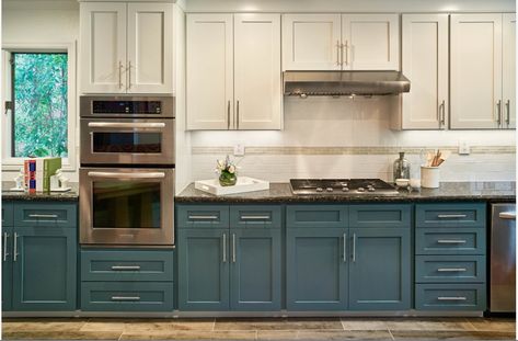 Paint by Sherwin-Williams: Refuge SW 6228 (lower cabinets) and Ice Cube SW 6252 (upper cabinets); Teal Kitchen Cabinets, Turquoise Cabinets, Backsplash Design, Two Tone Kitchen Cabinets, Mom Kitchen, Kitchen Transitional, Teal Kitchen, Kitchen Spray, Black Countertops