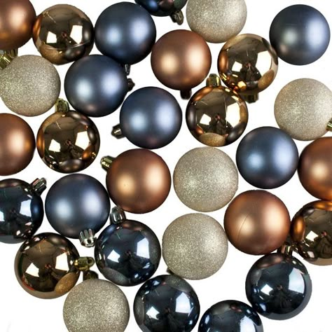 Copper, Blue, Gold & Pewter Assorted Shatterproof Baubles - 30 x 60mm - Christmas Time UK Blue And Amber Christmas Tree, Navy Bronze Christmas Tree, Blue Copper And Gold Christmas Tree, Copper Blue Christmas Tree, Blue And Rust Christmas Decor, Blue And Gold Xmas Tree, Christmas Decor Colour Schemes, Blue And Bronze Christmas Decor, Copper Tree Christmas